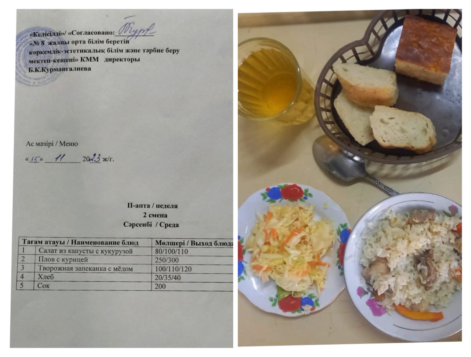 Семей қаласы № 8  мектеп-кешені.  2 апта, І, ІІ ауысым 15.11.2023 ж.  бойынша  ас мәзірі