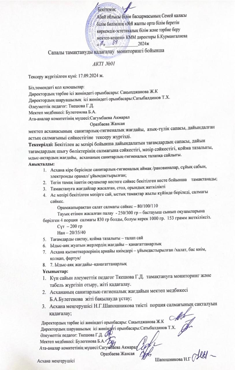 Сапалы тамақтануды қадағалау мониторингі бойынша Акті №1